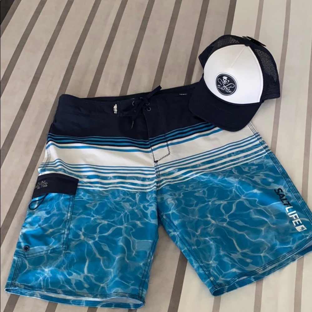 Salt Life board shorts size 34 worn 3x and hat NWT